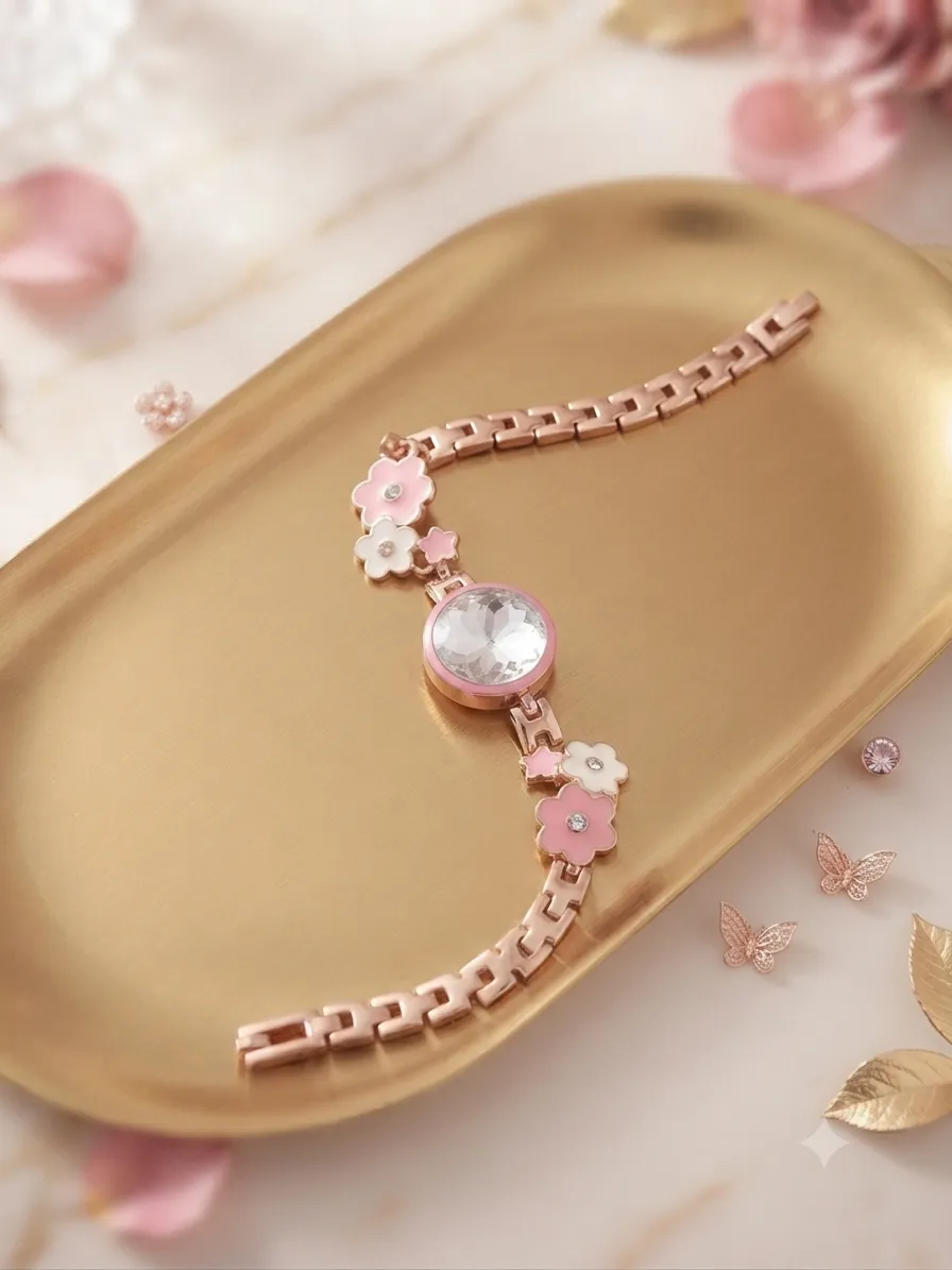 Elegant Rose Gold Floral Crystal Bracelet Watch