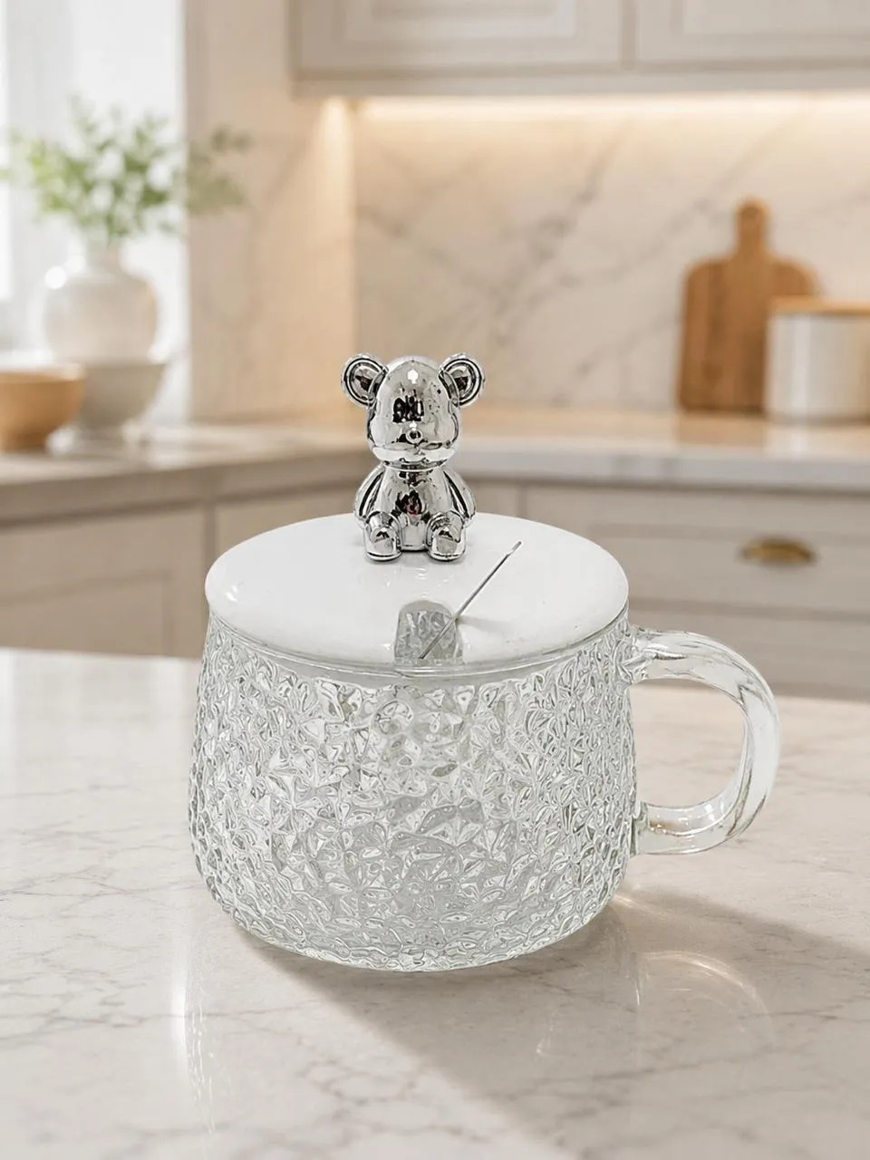 Textured Glass Bear Lid Mug with Spoon